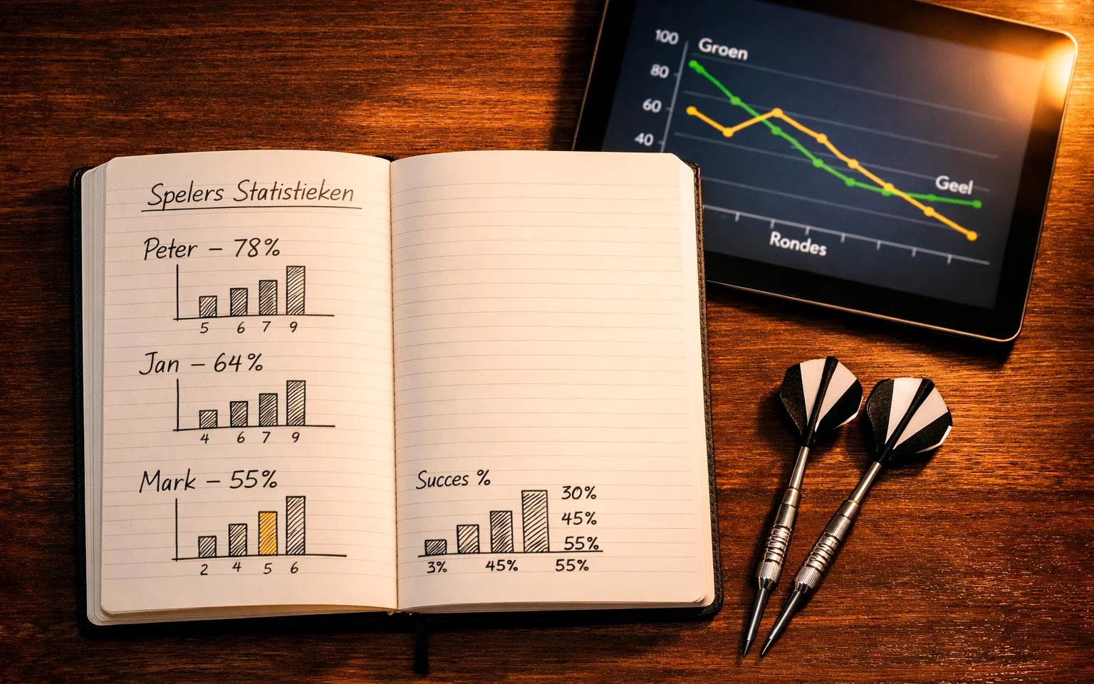 Notitieboek met handgeschreven dartstatistieken en een pen op een bureau