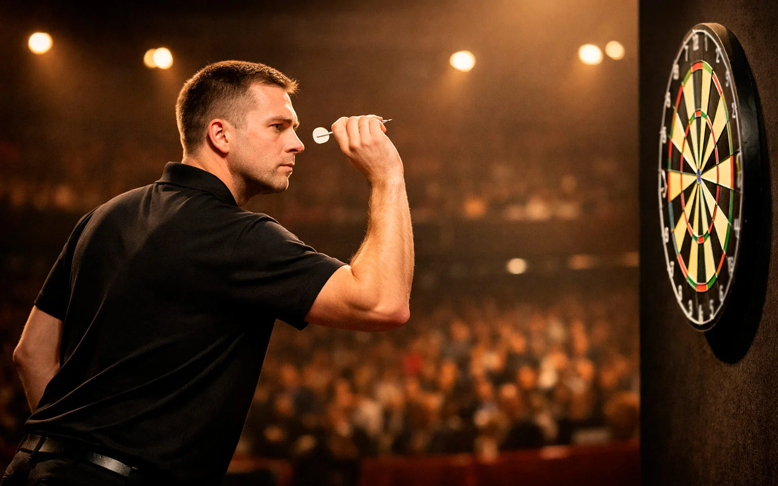 Dartspeler gooit een pijl op het podium tijdens een professioneel toernooi