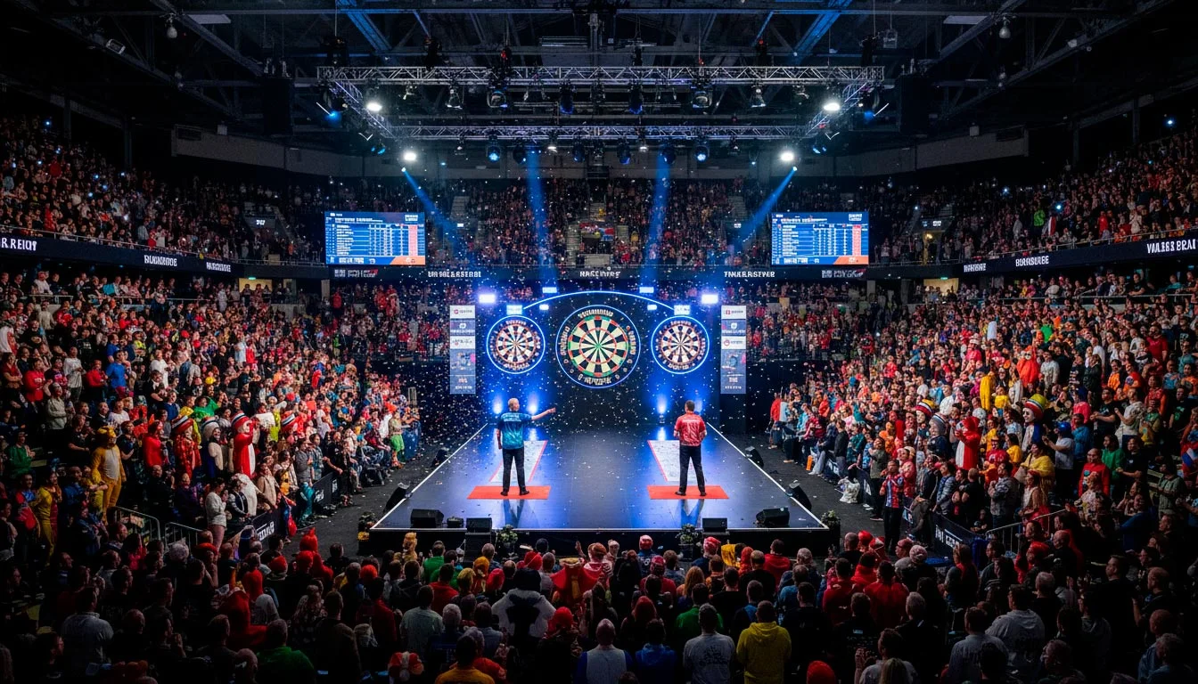 Darts arena gevuld met enthousiast publiek tijdens een live wedstrijd