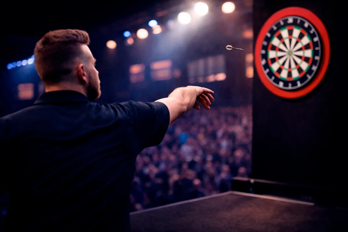 Dartspeler werpt een pijl op het podium tijdens een live dartstoernooi met verlichte scoreborden