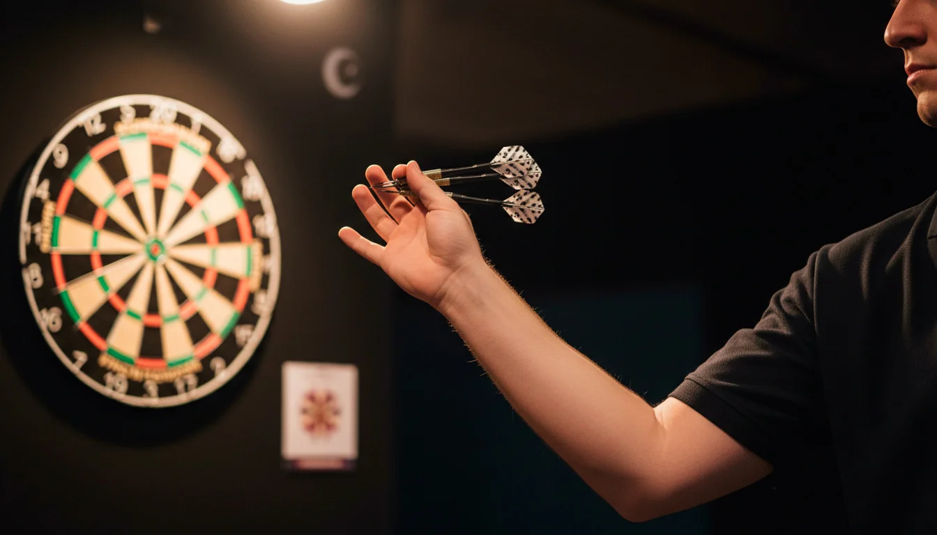 Close-up van een dartbord met pijlen in de triple-20 tijdens een PDC-wedstrijd