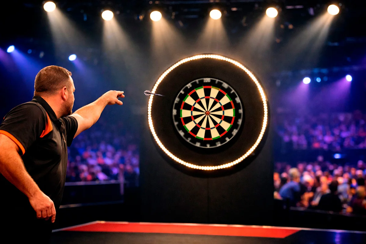 Dartspeler op het podium van Alexandra Palace tijdens het WK Darts met publiek op de achtergrond